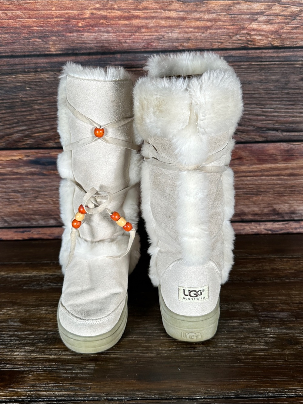 UGG Cream Suede Shearling Bead-Accent Mid-Calf Boots
